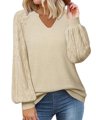 Messic Long Sleeve Tops For Woman, V Neck Pullover For Women Blouses Casual Jumper Tops For Women Professional Sweater for Work Spring and Winter Fashion Pullover Sweater Beige X-Large