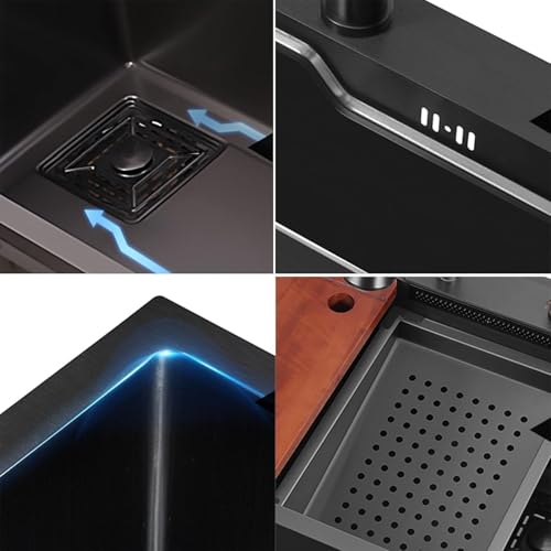 EVANEX Kitchen Sink 24x18x9 Inch | Waterfall Sink for Kitchen | 304 Grade Stainless Steel Basin Sinks for Kitchen with Honeycomb Black Finish Design Waterfall Integrated Pull Down Faucet