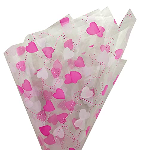 Image of 3A Featuretail 20 In x 25 In Heart Design Printed Cellophane Sheets For Gift Wrap, Baskets Hampers, Flowers Wrapping (Cellophane,Pack of 25) (Pink)