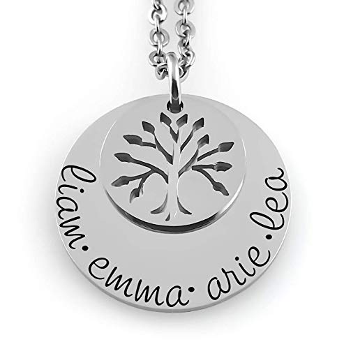 Personalized Family Tree Necklace – Custom Mommy Necklace with Kids Names – Stainless Steel Tree of Life Pendant – Mother’s Day Gift for Mom, Grandma, Nana – Hand Stamped Children’s Name Jewelry