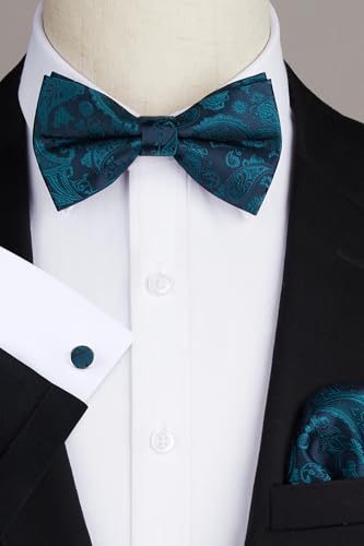 Image of HISDERN Bow Ties for Men Pretied Bow Tie Set Paisley Classic Bowties and Pocket Square Cufflinks Set for Wedding Party
