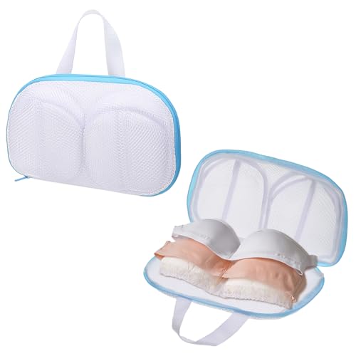 Bra Washing Bag 2 Pcs Mesh Bra Laundry Bags for Washing Machine Lingerie Wash Bag with Zipper for Wash Delicates Underwear Brassiere (Blue A Cups)