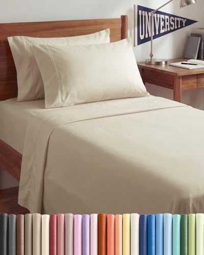 Image of Twin XL 4 Piece Sheet Set - College Dorm Room Essentials - Wheat | Ultra Soft Dorm Bedding Set, 8 inch to 16 inch Inch Deep Pockets, 1 Flat & 1 Fitted Sheet & 2 Pillowcases, Wrinkle & Fade Free
