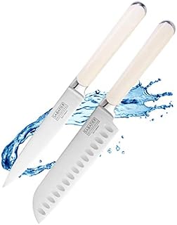 2pc Sabatier Professional Kitchen Knife Set - 5in/12cm Oriental Santoku & 5in/12cm All Purpose Knives. Full Tang Stainless Steel Blade, Cream Handle. Lifetime Performance 25yr Guarantee