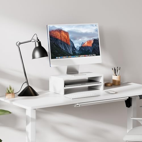 FITUEYES Monitorständer Bildschirmständer aus Holz Ergonomischem Laptop-Druckerständer für Monitor Laptop Drucker Fernseher 42,5x23,5x14cm,weiß