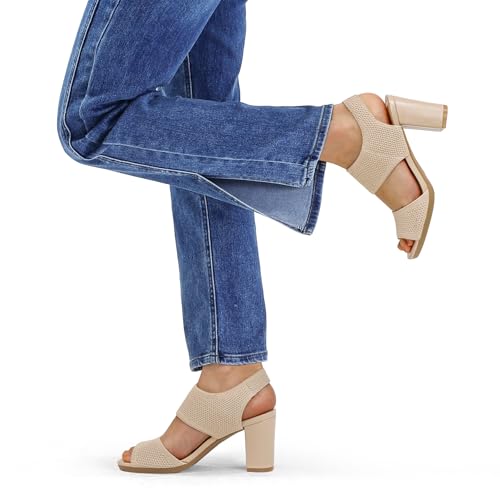 Image of mysoft Women's Chunky Block High Heels Slingback Open Toe Heeled Sandals | Casual Wide Width Fit, 3.3 Inch Heel, Elastic Knit Upper, Hook-And-Loop Atrap, Non-Slip Sole, Wedding Party Dress Shoes