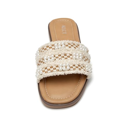 ALLOT Women's Pearls Flat Sandals Square Toe Slip On Comfortable Slides Summer Casual Beach Shoes4