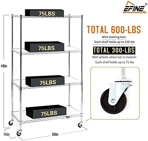Miniatura 2 de Estantería de metal con 4 estantes sobre ruedas, juego de 4 estantes ajustables para libros, estantes resistentes para garaje, cocina, despensa (30