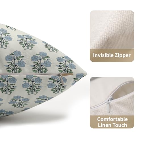 Robvobe Blue Green Floral Block Print Lumbar Pillow Covers 12X20 Set Of 2 Chinoiserie Flower Leaves Outdoor Decorative Throw Pillows Farmhouse Pillowcases Rectangle Cushion Case Decor thumb #2