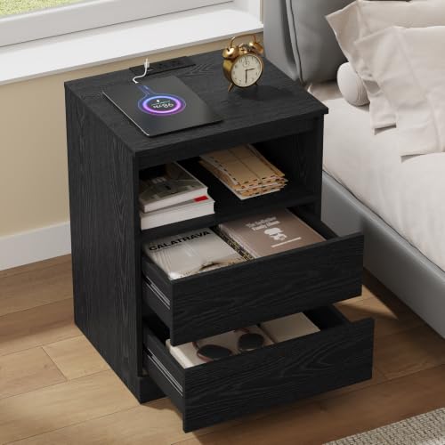 Nightstands Set of 2 with Charging Station, LED Lights and Drawer, Black - Image 4