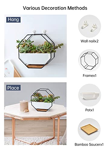 Chiree Succulent Planters 7×3.5 Inch Decorative Ceramic Flower Plant Pots With Metal Holder Hanging And Place Dual-Purpose Garden Planter Pot With Drainage And Saucer For Indoor Home Office Desktop #TOP1