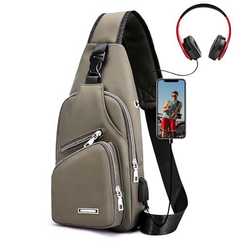 Peicees Mens Leather Crossbody Bag Trendy Sling Bag Fashion Man Purse Waterproof Sling Backpack Daypack Cross Body Chest Bag for Men, Khaki