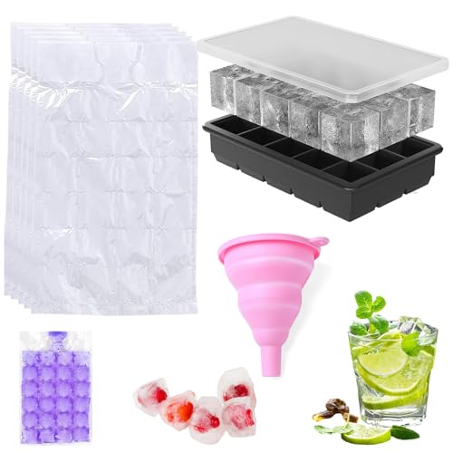 1pcs Large Ice Cube Moulds, 20pcs Self-Sealing Ice Cube Bags, 1pcs Foldable Funnel, Non-Stick and Easy Release, Reusable, for Whiskey, Cocktails, Drinks, Ideal for Families, Shops, Parties and Bars