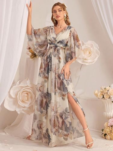Image of TOLEEN Summer Casual Dresses for Women 2024 Spring Fashion Boho V Neck Long Sleeve Ruffle Floral Print Elegant Maxi Dress