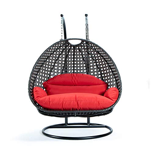 Leisuremod 2 Person Hanging Double Swing Chair, X-Large Wicker Rattan Egg Chair With Stand And Cushion For Indoor Outdoor Patio Garden (Red) #TOP1