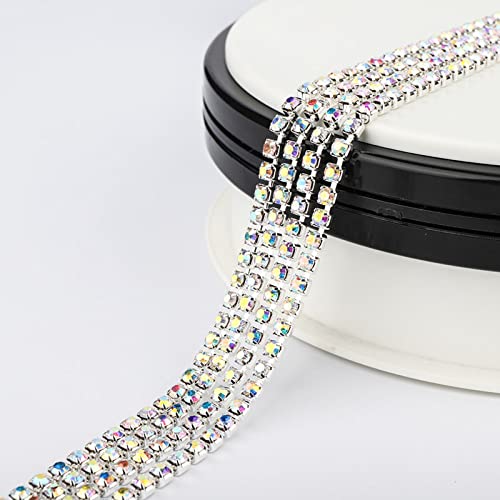 10 Yards Crystal AB Strass Close Chain Clear Trim Cucito Argento Base Cup Chain Crystal Glass Stone Sew On Rhinestone-Crystal AB, SS16 (3,8-4,0 mm)