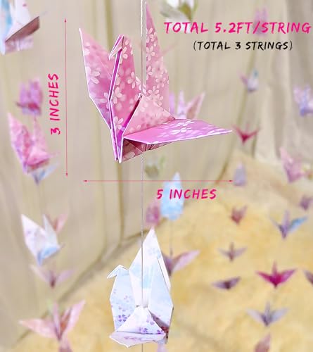 Image of Pink Cherry Blossom Crane Paper Hanging Garland(3stringsX 5.2ft), Japanese Origami Bird Streamers, Sakura Flower for Bridal Shower, Baby Shower Birthday Party Supplies. Garden Ceiling Decor