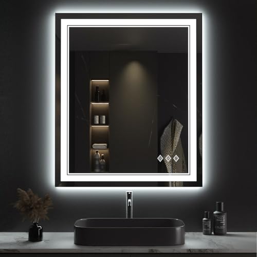 Image of Lighted Mirror, 30x36 Inch Gradient Front and Backlit LED Mirror, 3 Colors Dimmable CRI>90 Double Lights, IP54 Enhanced Anti-Fog, Hanging Plates Wall Mount LED Bathroom Mirror