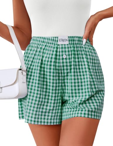 Image of LOMON Womens Boxer Shorts Casual Summer 2026 Pajama Lounge Sleep Pj Gingham Plaid Shorts Y2K Beach Bottoms