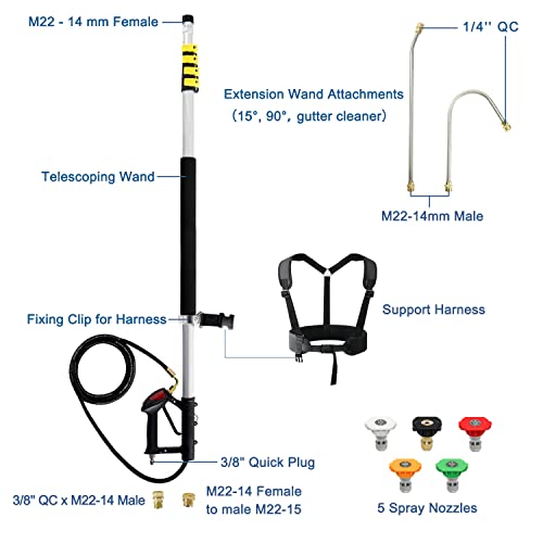 Janz Aluminum 24 Ft Telescoping Pressure Washer Wand With Pressure Washer Extension Wand,Gutter Cleaner Attachment, 5 Spray Nozzle Tips, 2 Hose Inlet Adapters And Support Harness #TOP4