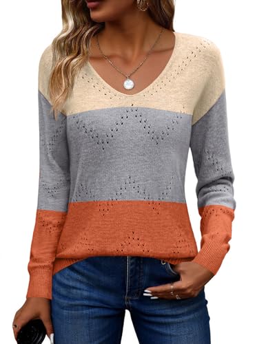 Image of Zeagoo Womens Sweaters Fall Trendy Casual Long Sleeve Shirt Lightweight V Neck Off Shoulder Crochet Pullover Top Outfit