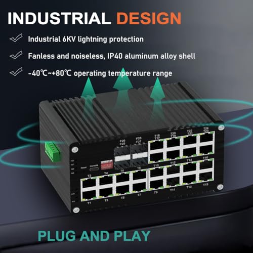 Image of Industrial 24 Ports L2 Managed Gigabit PoE Fiber Switch with 4 1000Base-X SFP Slots Layer 2+ Web Management Din Rail Network Switch 802.3at 30W Support QOS, VLAN, Ring Network, IGMP 48-57V DC Input