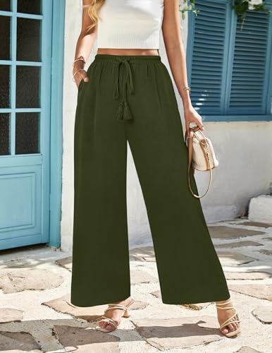 LOOKBOHO Women's Wide Leg Pants with Pockets High Waist Loose Casual Trousers Business Work Casual Pants with Pockets Army Green M — view 5