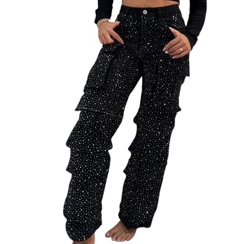 Jean large avec strass pantalon denim ample décontracté à poches femme