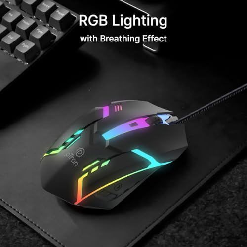 Image of pTron Flick M12 Wired USB Mouse with 4 Buttons, 1600 DPI Optical Sensor, Precision Tracking, RGB Lights, 4 Adjustable DPI, Plug & Play Use, Ergonomic Design, for Windows OS (Black)