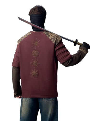 Image of The Souled Store Vikings: Longship Men and Boys Short Sleeve Rpund Neck Brown Embroidered Cotton Oversized Lightweight Breathable Drop Shoulder Streetwear T-Shirts