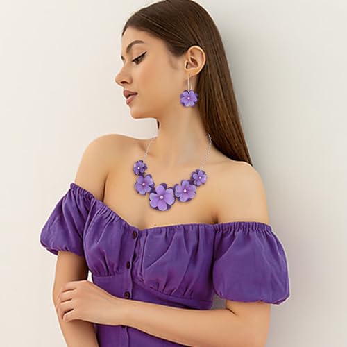 Flyonce Flower Statement Necklace Boho Summer Holiday Beach Jewelry Floral Flowers Collar Necklaces with Earrings for Women4