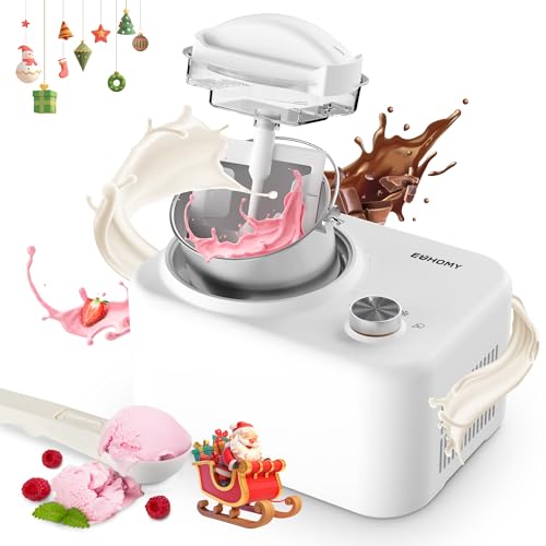 EUHOMY Ice Cream Maker Machine with Compressor, 3 Modes Gelato Sorbet Frozen Yoghurt Machine, Easy to Operate, Easy to Clean, Detachable Mixing Paddle, Bowl, Clear Lid, 100W, White