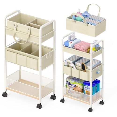 Image of 2In1 Baby Diaper Caddy & 3-Tier Rolling Cart, Diaper Caddy Organizer Carts with Dividers, Mobile Metal Utility Cart for Nursery Essentials, Detachable Bedside Cart, Large Capacity, White