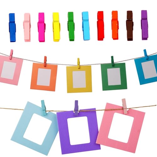 50 Stück Mini Bunt Holzklammern,3.5cm Holzklammern Klein, Mini Wäscheklammern Holz, Deko Klammern, Fotoseil mit Klammern für Fotos Bilder Collagen Postkarten Geschenke