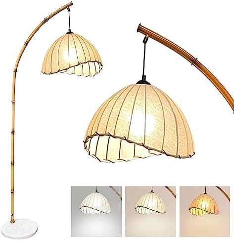 JINUBA Bamboo Floor Lamp, Boho Floor Lamps, Modern Tall Standing Lamps Retro Arc Floor Lamp for Living Room Restaurant Home Decorative, Fishing Floor Lamp(Trichromatic Light Change, Gold)