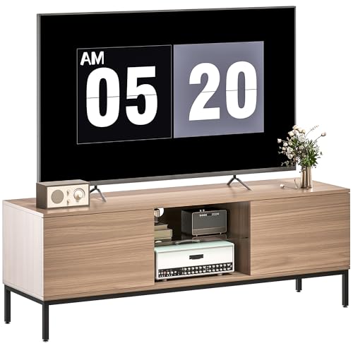 HOMCOM Meuble TV 140 cm, Meuble télé pour téléviseur jusqu'à 60 Pouces avec 2 Portes et étagère en Verre réglable, Banc TV Moderne pour Salon, Chambre...