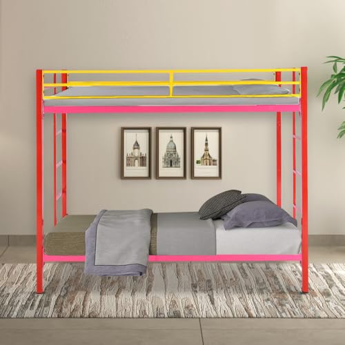 Image of Pilio Twin Over Twin Metal Bunk Beds for Kids | Bunker Bed for Adults | Double Decker Bed for Kids Room Furniture | Frame Only, Mattress not Included (Red - Yellow)