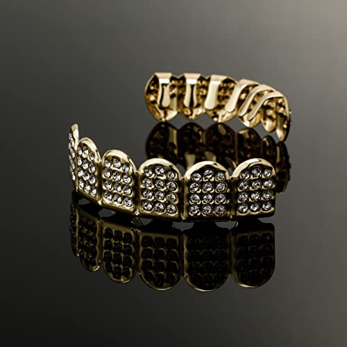TOPGRILLZ 18K Plated Gold Grills Teeth Grillz for Men Women Iced Out Hip Hop Poker Diamond Top & Bottom Face Grills for Teeth Rapper Costume Cosplay, Metal, Cubic Zirconia,