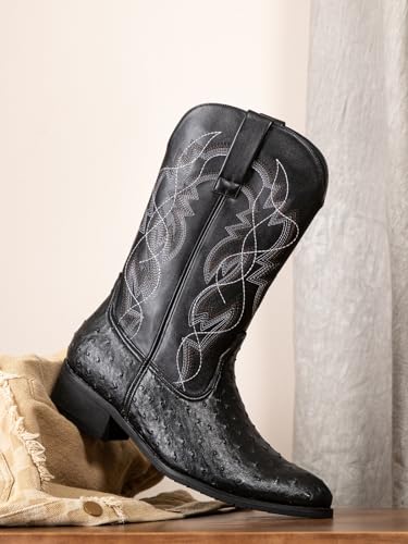 Image of Western cowboy boots, ostrich leather, embroidered design, brown, mid-calf, men's antique ostrich embossed exotic western boots round head.