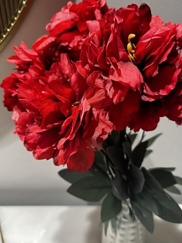 Image of Peony Decorative Artificial Fake Faux Flower Plants Silk Arrangements Wedding Bouquets Decoration Home Kitchen Garden Party Table Floral centerpieces DIY (Red)