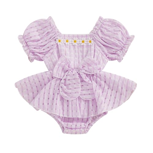 Image of Baby Girl Romper Dress With Bow Plaid Short Sleeve Jumpsuit Newborn Spring Dress Infant Girls Summer Outfits (Purple, 0-3 Months)