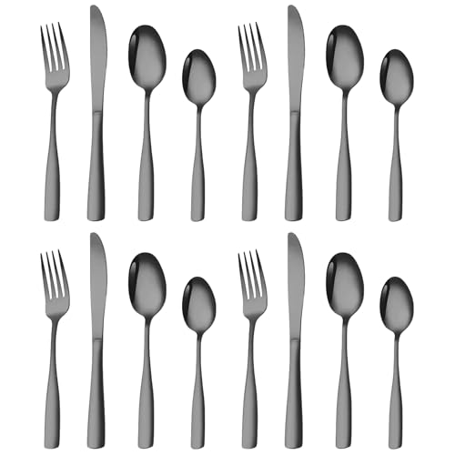 Image of aDai Charcoal Black Silverware Set, Satin Finish | 16-Piece Stainless Steel Flatware Set | Dishwasher Safe Kitchen Cutlery for Home, Restaurant & Gifting