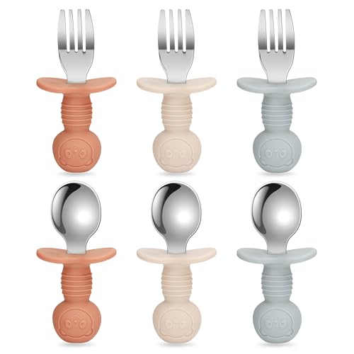 MOJINL Babybesteck Set Kinderbesteck Set ab 1 Jahr Edelstahl Löffel Gabel Silikon Griffe, Silikon Bär Esslernbesteck Esslernlöffel Kindergeschirr mit hält Anti-Choke-Design, BPA Frei (6 Stück)