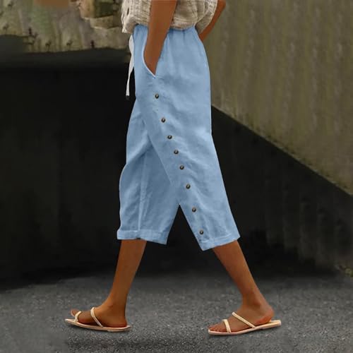 Womens Capris Pants High Waist Drawstring Comfy Casual Pants Casua Lightweight Loose Buttons Trousers with Pockets2