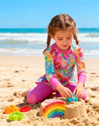 Image of Girls Long Sleeve Rashguard Half Zip Swimsuits UPF 50+ Two Piece Swim Sets with Hairband 5-12Y | Two Piece Swim Sets with Hairband
