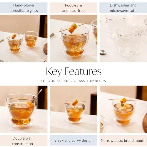 Image of Nestasia Set of 2 Double Wall Glass Tumblers (325ml) | Sleek, Curvy Design for Iced Drinks, Lattes & Cocktails | Microwave & Dishwasher Safe, Hand-Blown, Food-Safe, Lead-Free