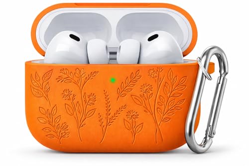 Image of Meyaar Silicone Case for AirPods Pro 3 Floral Embossed, Flower Engraved Soft Silicone Cover with Keychain, Anti-Scratch, Shockproof Protective Case Cover (Orange, for AirPods Pro 3 (2025))