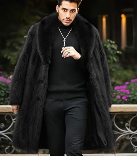 FTIMILD Men's Long Faux Fur Coat Single Breasted Warm Winter Trench Coat Fluffy Thick Overcoat