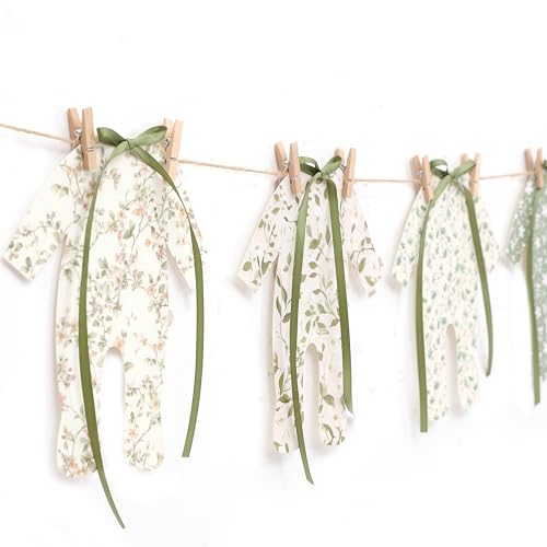 8pcs Neutral Baby Shower Bunting - Green Baby Pajamas with Ribbon Bows, Gender-Revealing Neutral...