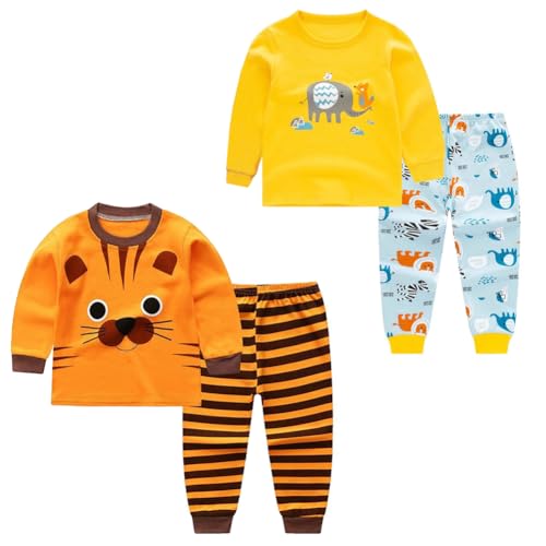 FedMois Kids 100% Cotton Pyjamas Set Long Sleeves 2 Sets 4 pcs Boys Girls Pjs Sleepwear, tiger and elephant, 3-4 Years